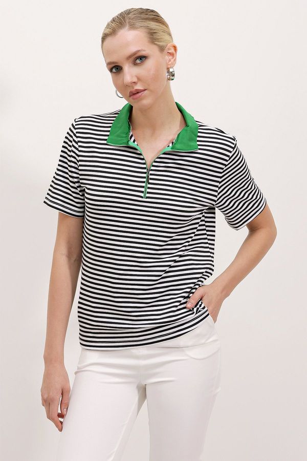 Bigdart Bigdart Women's Green Polo Collar Zippered Striped T-Shirt 0497