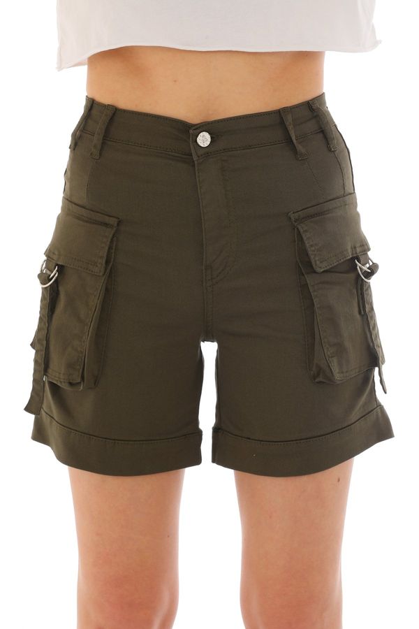 BİKELİFE BİKELİFE Khaki High Waist Flexible Denim Shorts With Cargo Pocket.