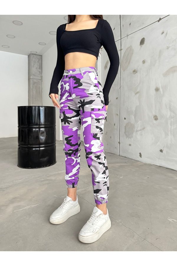 BİKELİFE BİKELİFE Lilac Camouflage Pattern Gabardine Trousers with Cargo Pockets