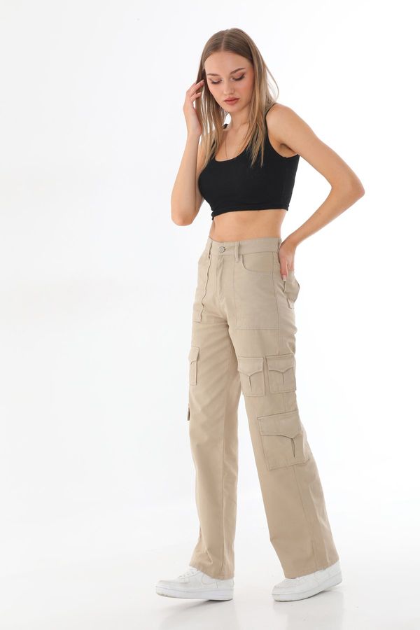 BİKELİFE BİKELİFE Women's Beige High Waist Multi Pocket Straight Fit Cargo Pants