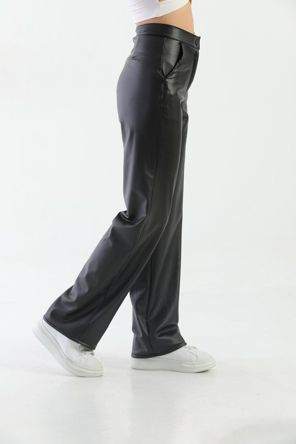 BİKELİFE BİKELİFE Women's Black Leather High Waist Wide Legs Lined Trousers.