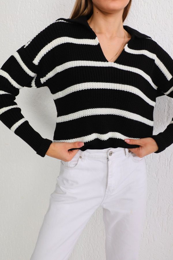 BİKELİFE BİKELİFE Women's Black Polo Neck Striped Thick Knitwear Sweater