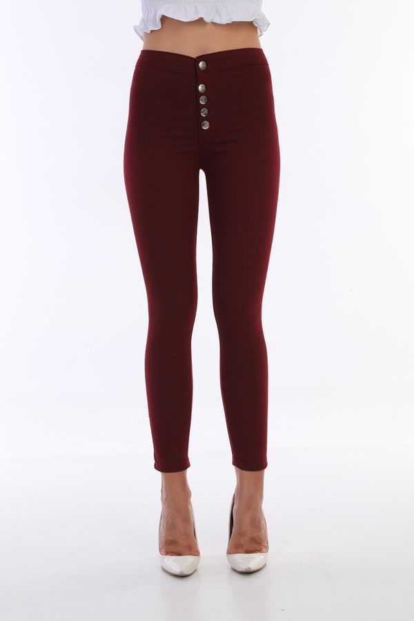 BİKELİFE BİKELİFE Women's Claret Red High Waist Skinny Leg Buttoned Leggings Pants