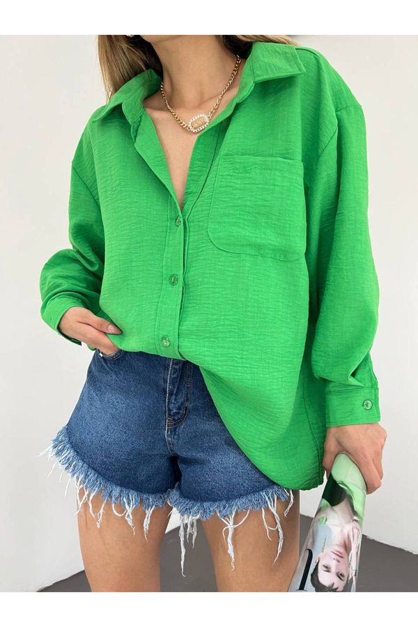 BİKELİFE BİKELİFE Women's Green Single Pocket Oversize Linen Shirt