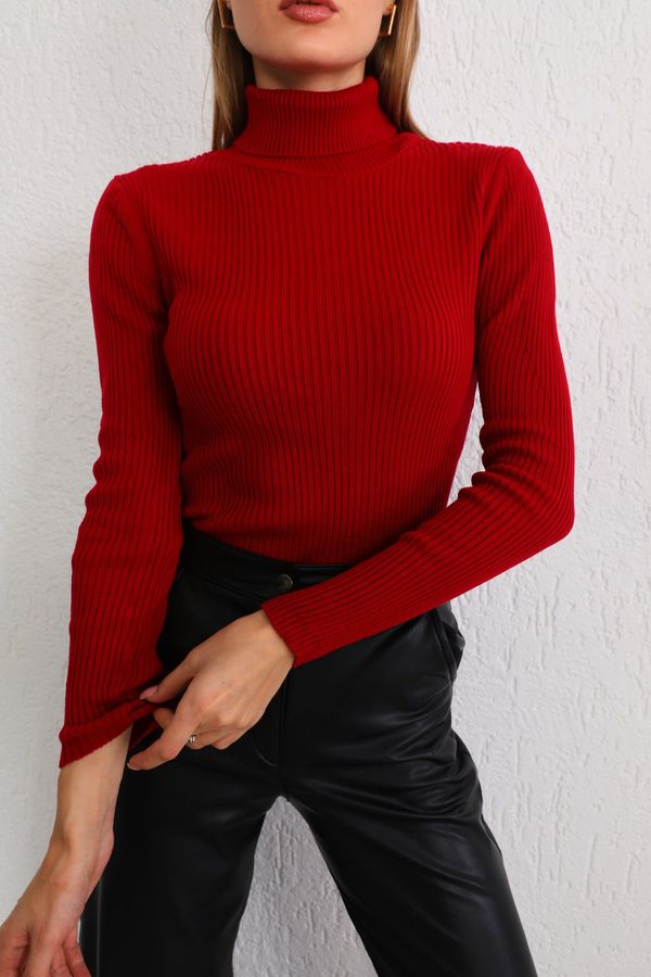 BİKELİFE BİKELİFE Women's Red Lycra Stretchy Turtleneck Knitwear Sweater