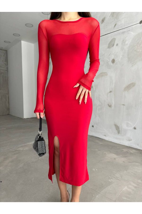 BİKELİFE BİKELİFE Women's Red Slit Detailed Lycra Pencil Dress