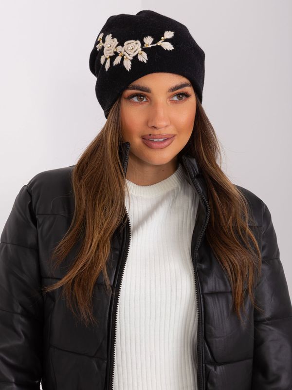 Fashionhunters Black and beige knitted beanie with appliqué and rhinestones