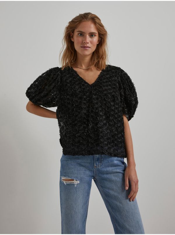 Pieces Black Patterned Blouse with Short Balloon Sleeves Pieces Nolia - Women