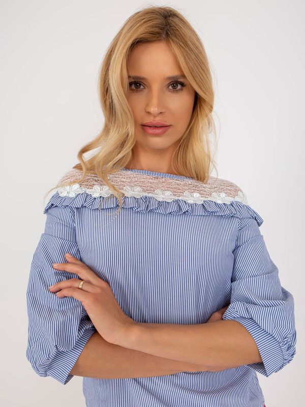 Fashionhunters Blue and white formal blouse with lace