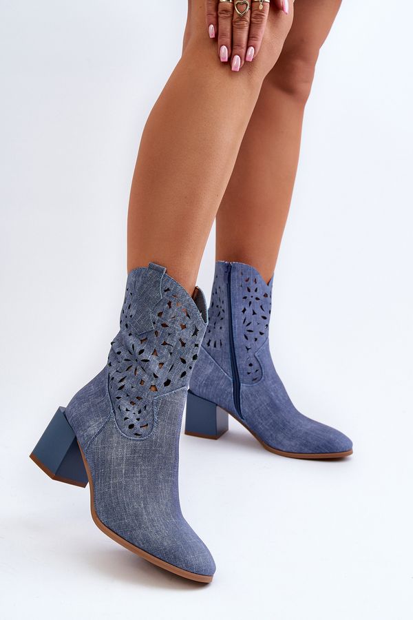 Kesi Blue Irvelame denim ankle boots with an openwork upper on the block