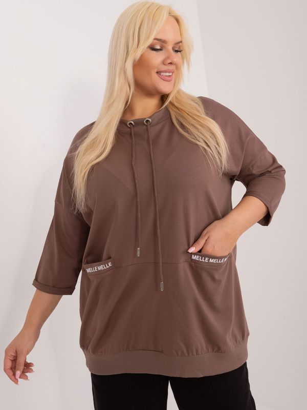 Fashionhunters Brown cotton blouse plus size with lettering