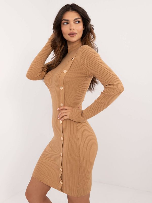 Fashionhunters Brown fitted knitted turtleneck dress