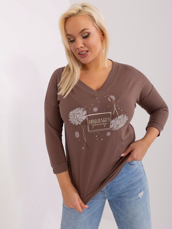 Fashionhunters Brown women's cotton blouse plus size