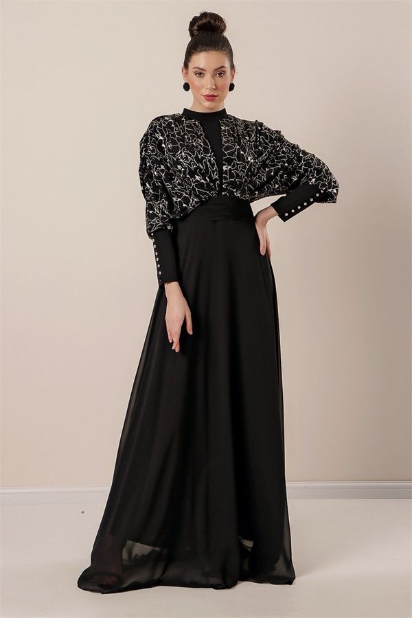By Saygı By Saygı Bat Sleeves Sequin Gilded Lined Chiffon Hijab Dress Black