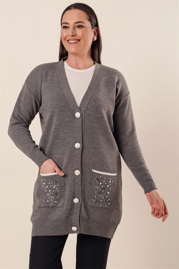 By Saygı By Saygı Bead And Stone Detail Plus Size Acrylic Cardigan With Front Buttoned Pockets Gray