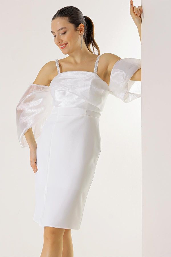 By Saygı By Saygı Bead Detail Straps Organza Low Sleeve Lined Crepe Dress