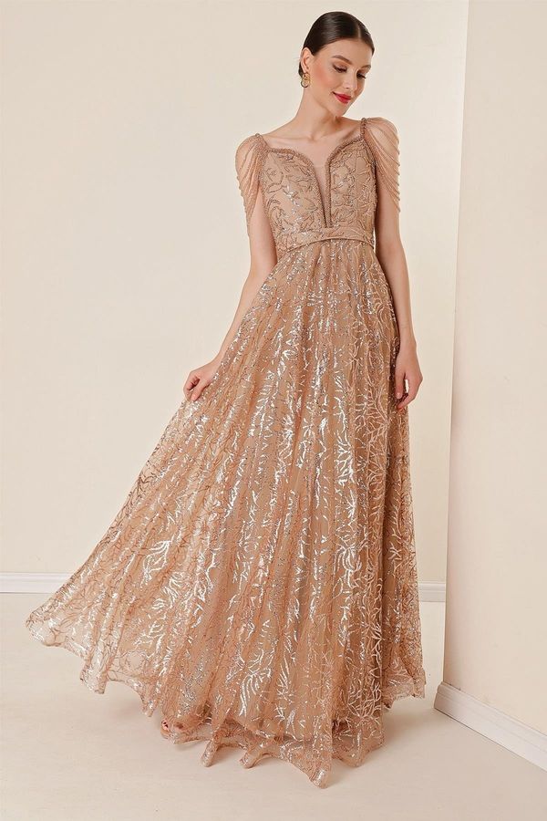 By Saygı By Saygı Bead Detailed Lined Glitter Flock Printed Long Dress