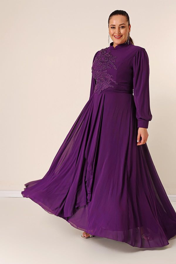 By Saygı By Saygı Beaded Embroidered Lined Plus Size Long Chiffon Dress with Flounce on the Front