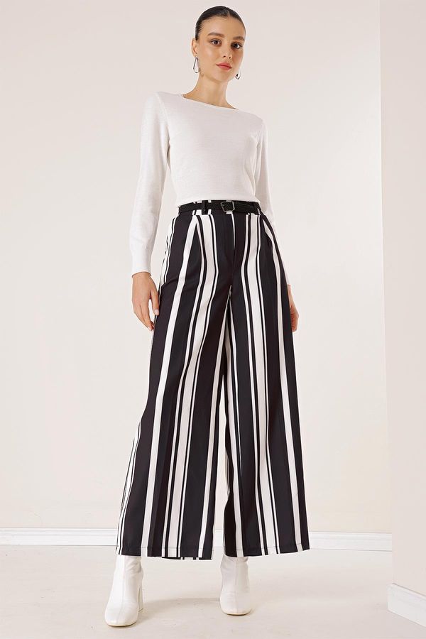By Saygı By Saygı Belted Waist Longitudinal Thick Striped Palazzo Trousers with Side Pockets