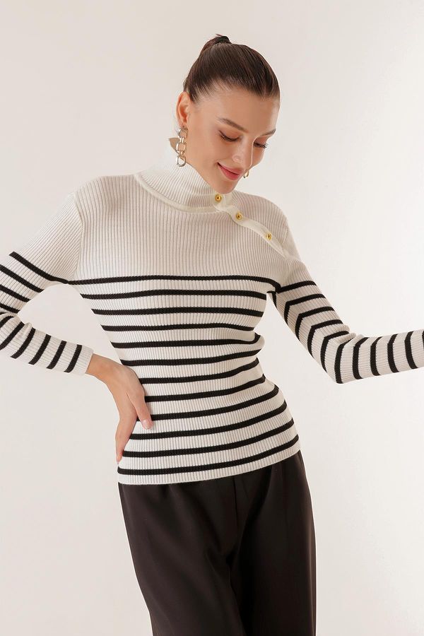 By Saygı By Saygı Blazer Striped Shoulder Embellishment Buttoned Turtleneck Sweater