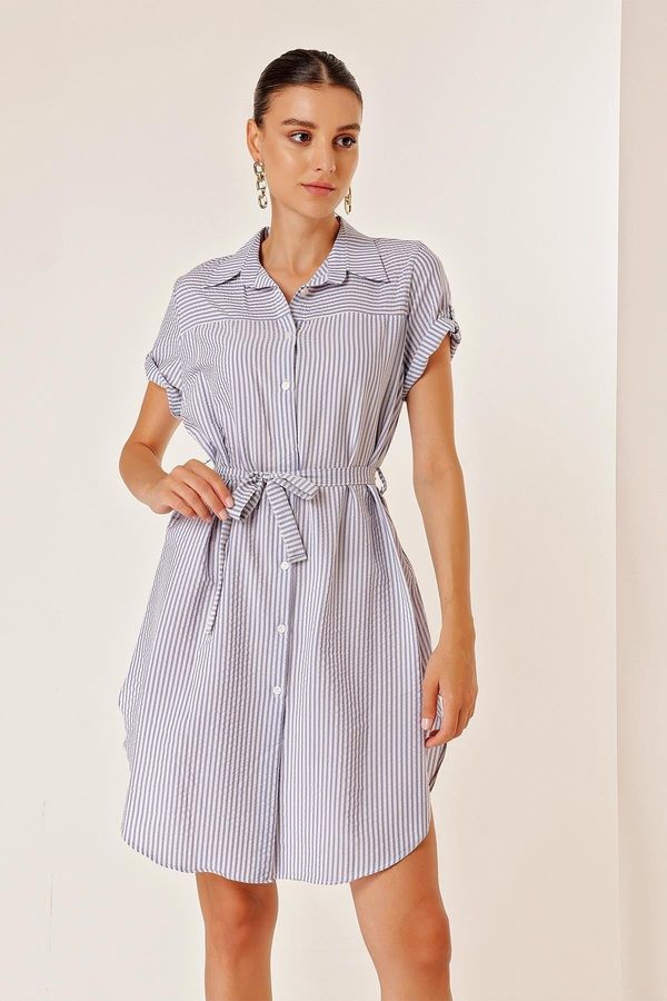 By Saygı By Saygı Blue Belted Waist Short Sleeve Front Buttoned Striped Seersucker Dress