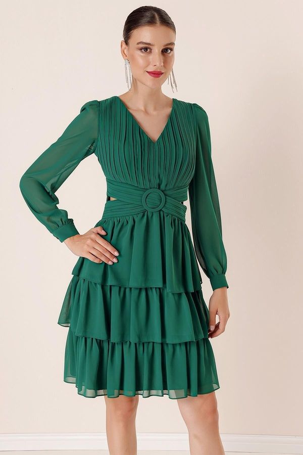 By Saygı By Saygı Chiffon Glop Waist And Decollete Decollete Tiered Dress Emerald