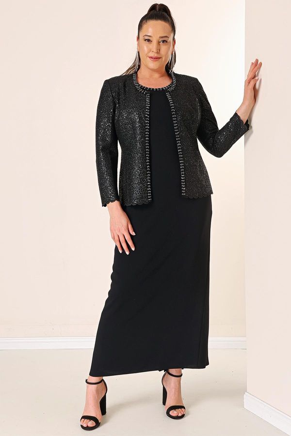 By Saygı By Saygı Collar Stone Lined Long Crepe Dress Sequin Jacket Plus Size 2-Piece Suit
