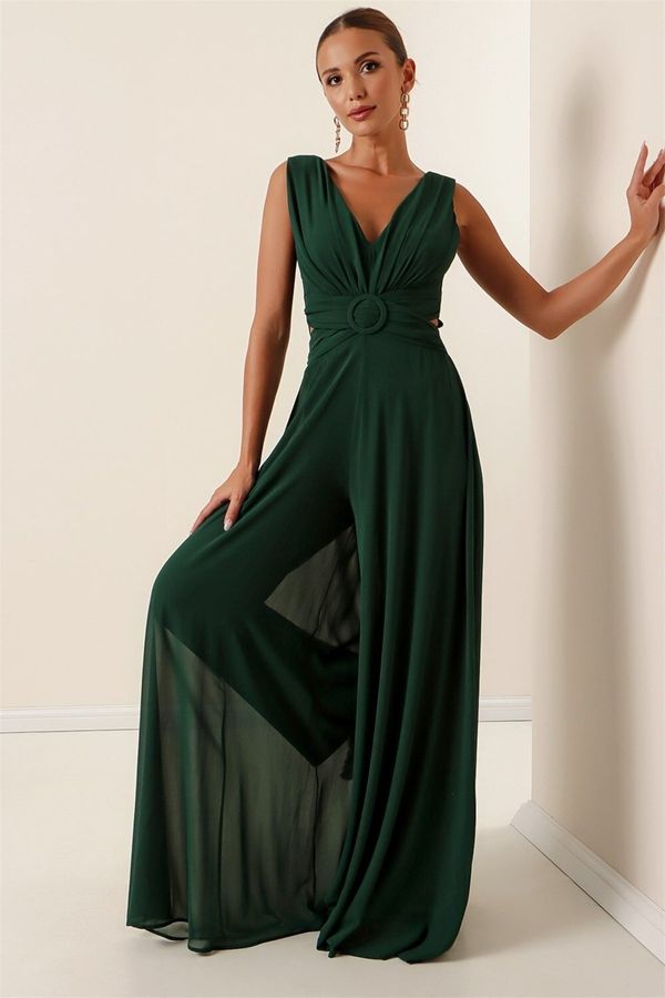 By Saygı By Saygı Decollete Decollete Front Back V-Neck Lined Chiffon Jumpsuit Emerald