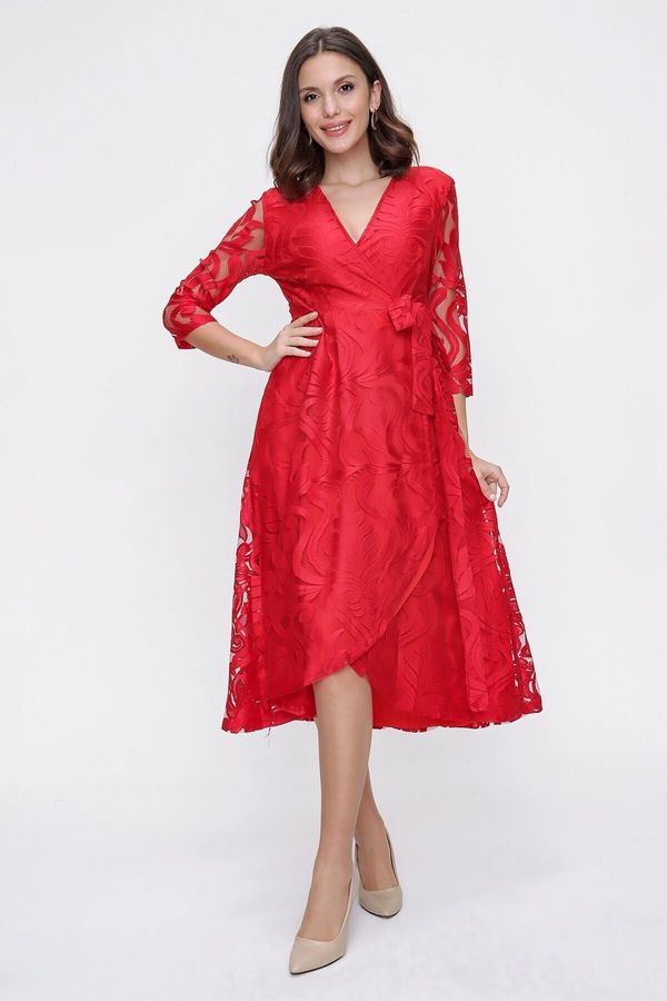 By Saygı By Saygı Double-breasted Collar Lined, Wrapped Lace Dress Red
