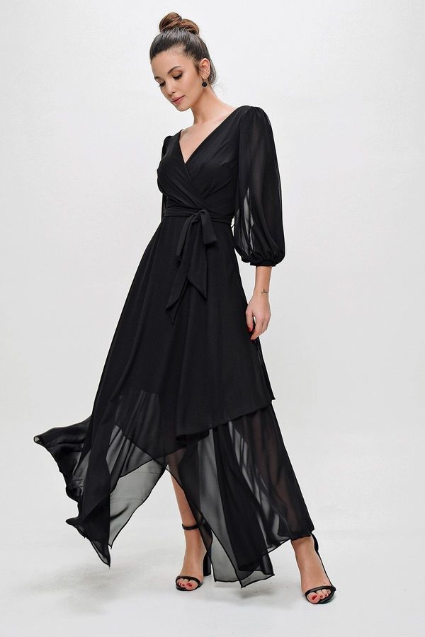 By Saygı By Saygı Double Breasted Long Chiffon Dress with Balloon Sleeves