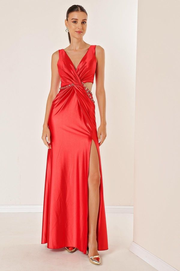 By Saygı By Saygı Double Breasted Neckline Lined Waist Low-cut Chain Detailed Long Satin Dress Red
