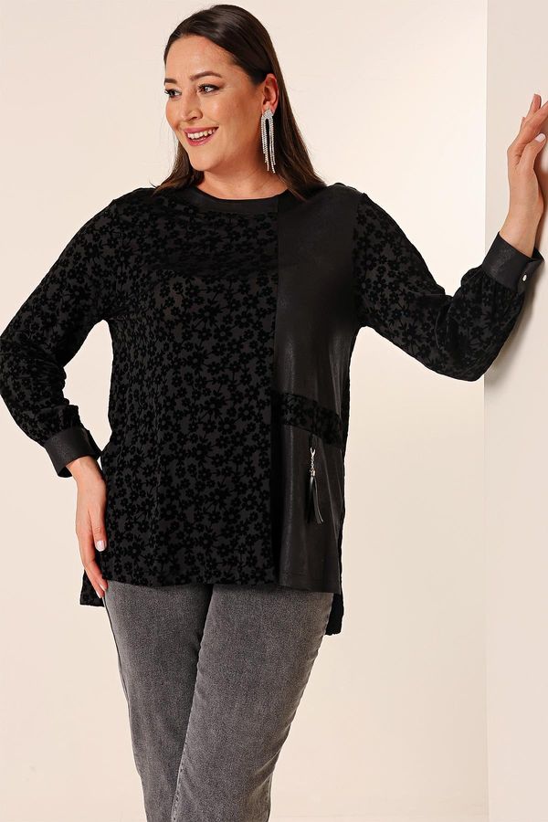 By Saygı By Saygı Floral Flock Printed Plus Size Blouse with Slits on the Sides and Tassel Detail on the Front