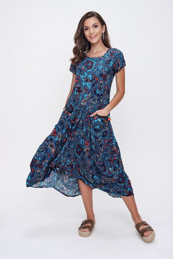 By Saygı By Saygı Floral Pattern Tasseled Double Pocket Asymmetric Dress Blue