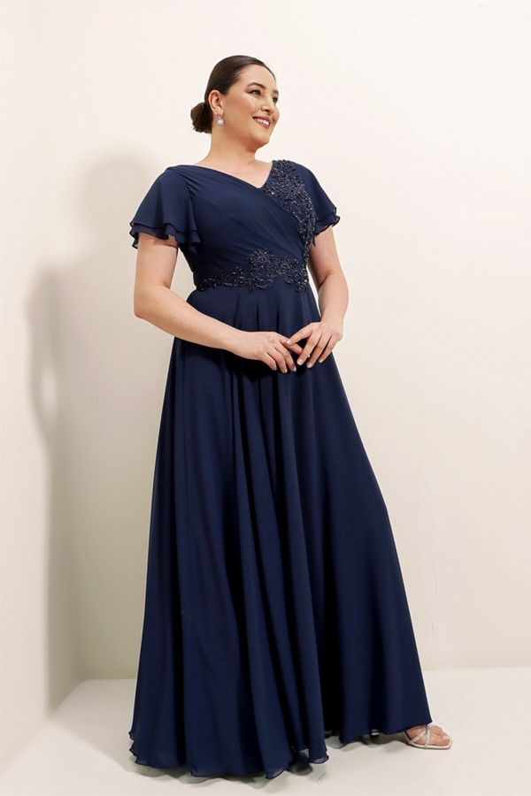 By Saygı By Saygı Flounce Sleeves Front Beaded Embroidered Gathered Lined B.b. Chiffon Dress Navy Blue