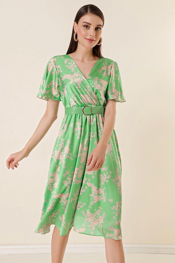 By Saygı By Saygı Front Back Double Breasted Collar Lined Floral Satin Dress Green