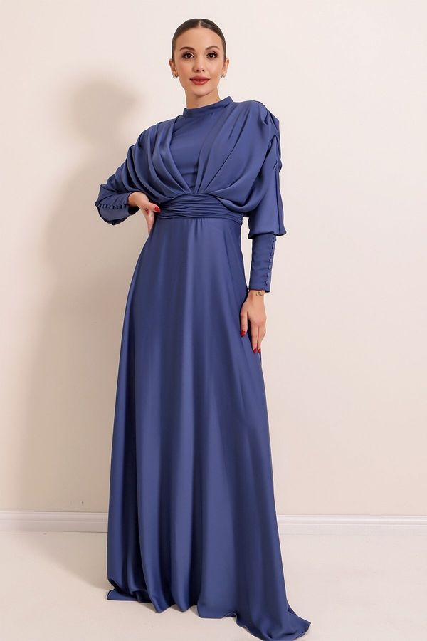 By Saygı By Saygı Front Back Gathered Sleeves Button Detailed Lined Long Satin Dress