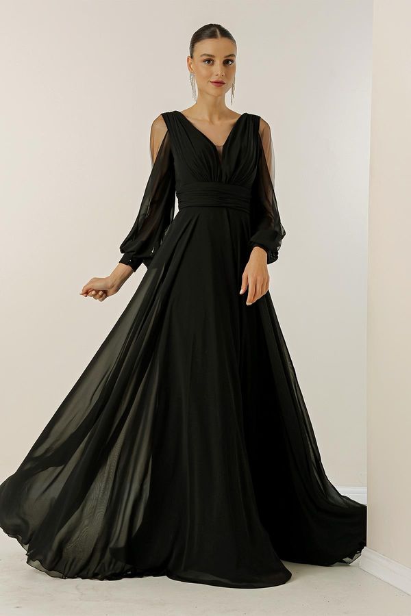 By Saygı By Saygı Front Back V-Neck Front Draped Sleeves Tulle Lined Wide Body Interval Long Chiffon Dress