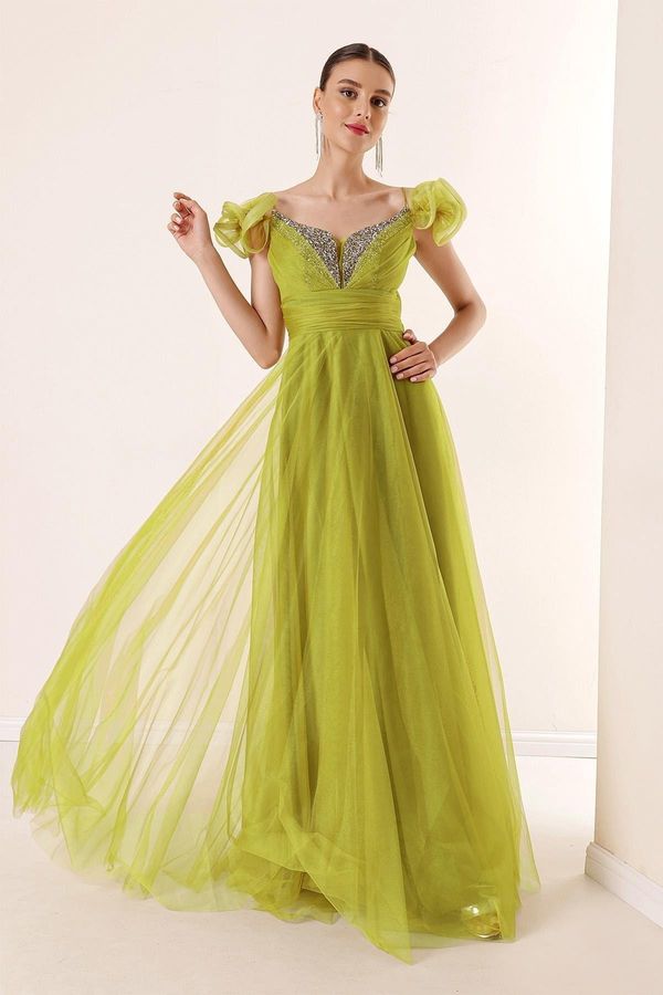 By Saygı By Saygı Front Back, V-Neck Rope, Straps, Low Sleeves, Stone Detailed, Lined, Long Tulle Dress, Pistachio Green.