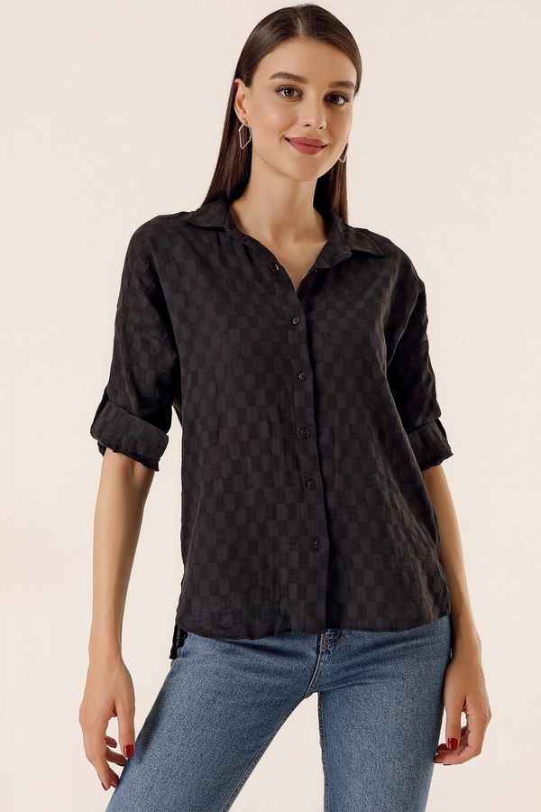 By Saygı By Saygı Front Buttoned Polo Collar Folded Sleeves Buttoned Shirt Black