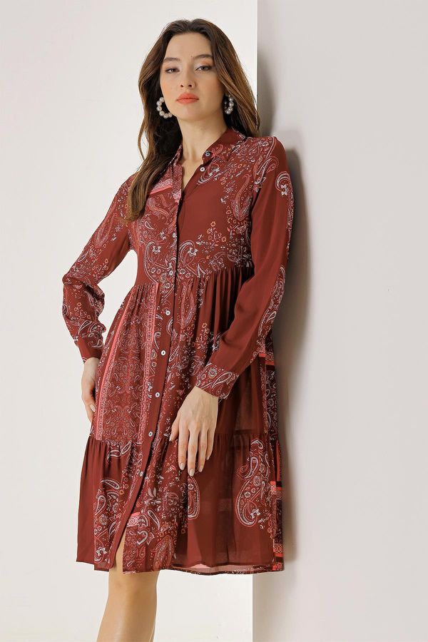 By Saygı By Saygı Front Buttoned Shawl Patterned Pleated Viscose Crepe Dress