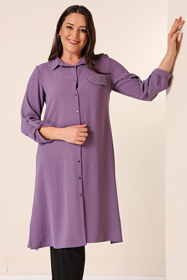 By Saygı By Saygı Front Buttoned Three Quarter Sleeve Pearl Detailed Plus Size Ayrobin Long Tunic