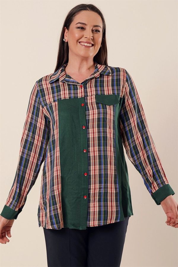 By Saygı By Saygı Green Checkered Plus Size Shirt With Garnish