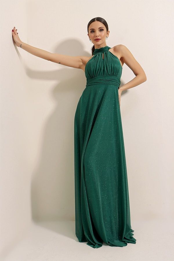 By Saygı By Saygı Halter Neck Lined Glittery Long Dress Emerald