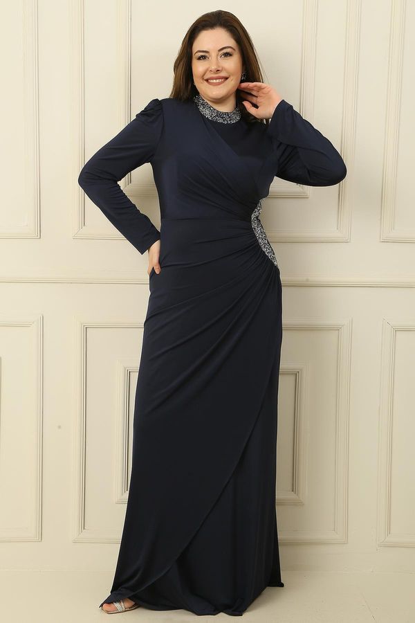 By Saygı By Saygı Jewelled Collar and Side Lined Gathered Crystal Long Plus Size Hijab Dress