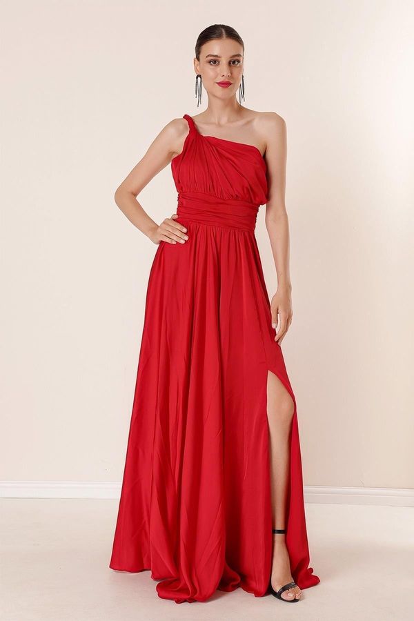 By Saygı By Saygı Knitting Single Strap Waist Pleated Lined Long Dress with a Slit Red