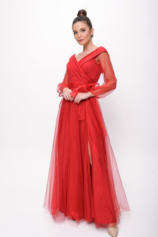 By Saygı By Saygı Lace-Up Balloon Sleeve Tulle Long Evening Dress Red
