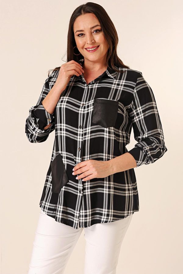By Saygı By Saygı Large Checkered Plus Size Shirt With Leather Detail Double Pockets With Metal Buttons and Fold Sleeve