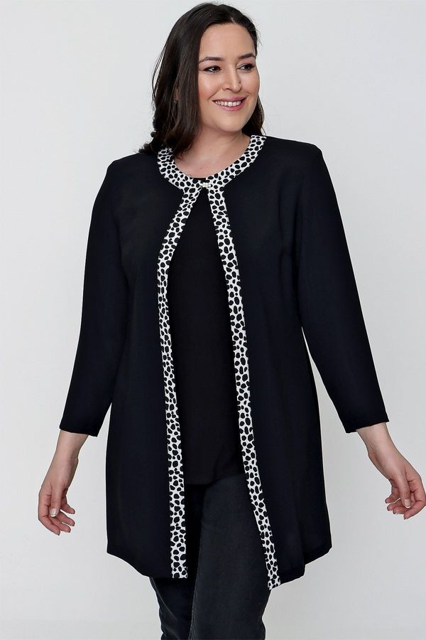 By Saygı By Saygı Leopard Pattern With Trim And Front piping Plus Size Crepe Double Suit Black