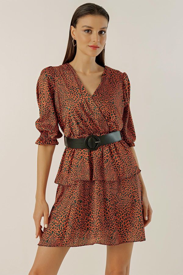 By Saygı By Saygı Leopard Patterned Layered Satin Dress With Double Breasted Collar Waist Belt Lined