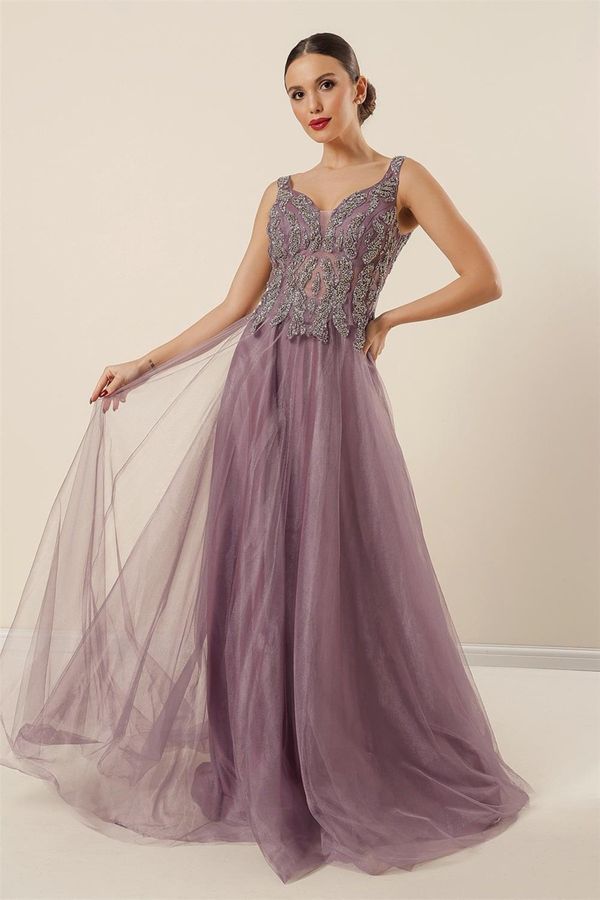 By Saygı By Saygı Lilac Front Back V-Neck Top Beaded Lined Long Tulle Dress